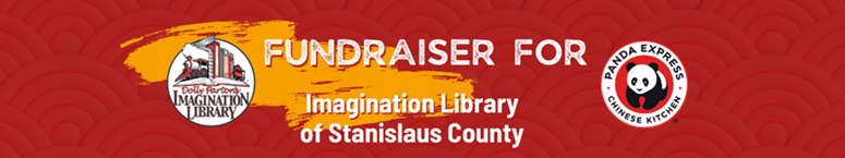 Banner contains logos of Imagination Library and Panda Express and reads "Fundraiser for Imagination Library of Stanislaus County."