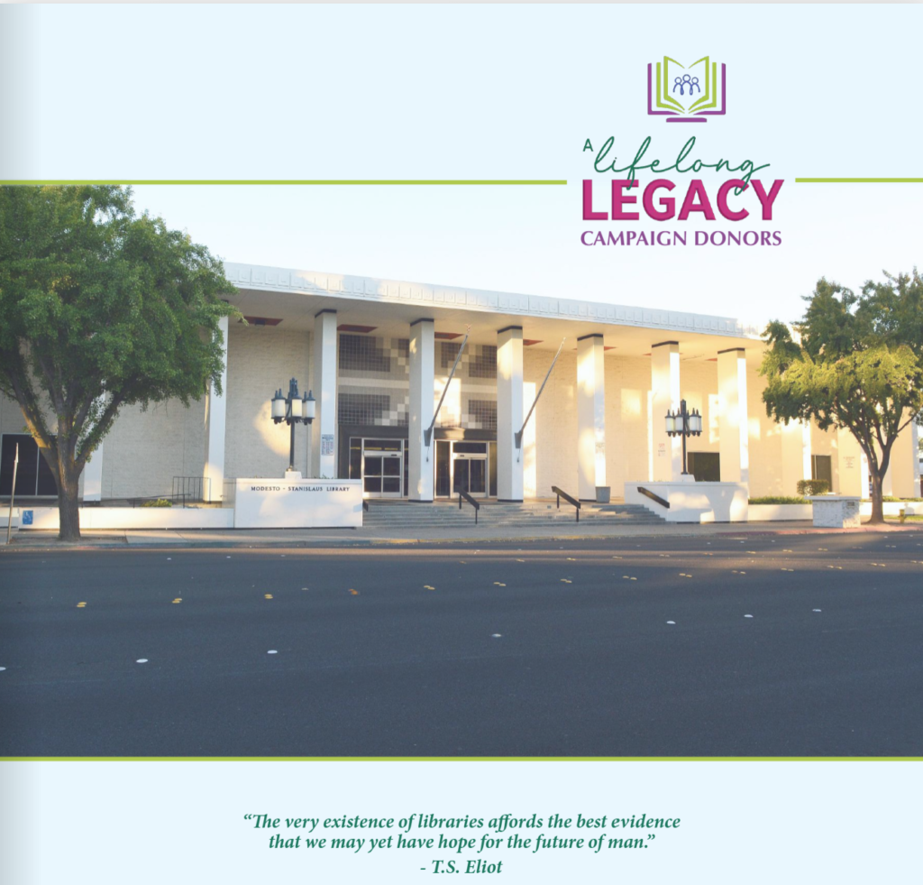 Photo features the entrance of the Modesto Library. This image appears on the cover of the book "A Lifelong Legacy: Campaign Donors"